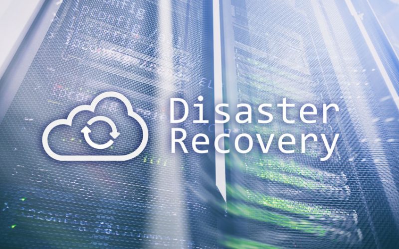 DIsaster recovery. Data loss prevention. Server room on background. DIsaster recovery. Data loss prevention. Server room on background.